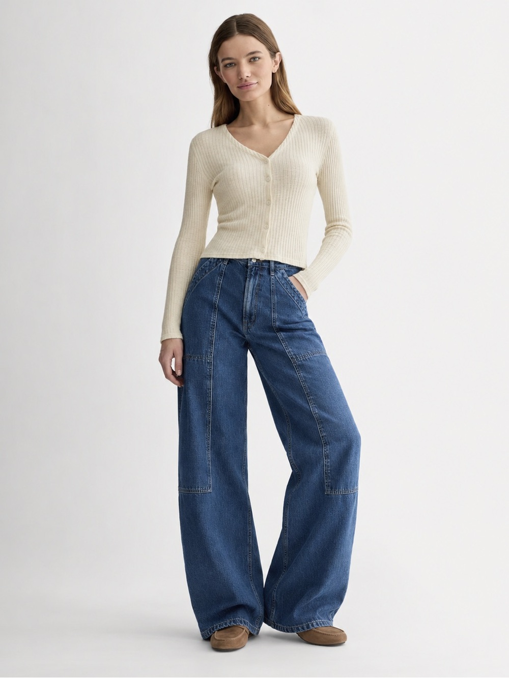 Everlane Cream “The Cozy Rib” V-Neck Cardigan Large Organic Cotton Long Sleeve